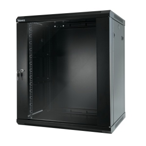 Rack Bastidor 19" 15U. Porta de vidro temperado e laterais acessíveis. Dimensões: 600x771x450mm. Instalação: Parede/Solo (Desmontado)