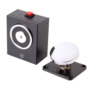 Retentor eletromagnético - Para porta simples - Força de retenção 50 Kg - Botão de comando manual - Alimentação a 24V DC - Montagem em parede ou suporte