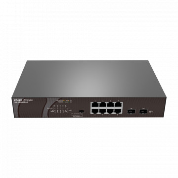Reyee PoE Desktop Switch - 8 RJ45 Portas 2 + [%VAR%] Uplink SFP - 8 Portas Gigabit + 2 Portas Gigabit - 8 Portas PoE+ 802.3af/at | Potência total 120W - Isolamento de portas / Controlo de fluxo - Incluindo suportes de montagem para rack