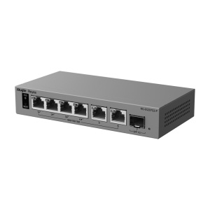 Ruijie Reyee Cloud Managed L2 PoE Switch - 6 portas Gigabit e 1 ranhura SFP de ligação ascendente - 4 portas PoE+ com um orçamento total de 54W - PoE Watchdog e alimentação ininterrupta - Gestão gratuita a partir do Ruijie Cloud e da aplicação - Proteção