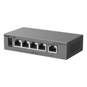 Ruijie Reyee Cloud Managed L2 Switch - 5 portas Gigabit Ethernet 10/100/1000 Mbps - Tolerância a falhas por IA (Failover inteligente) - Gestão gratuita para sempre com o Ruijie Cloud - Chassis metálico ultracompacto para secretária - Proteção contra picos