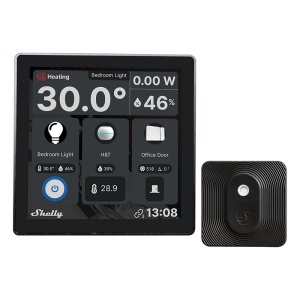 Shelly Wall Display Preto + BLU H&amp;T Preto - Ecrã tátil capacitivo a cores (LCD) de 4" - Sensor BLU H&amp;T / Relé interno de 5A com medição - WiFi 2.4GHz / Bluetooth - Suporta AC 230V / Sensor BLU H&amp;T 1x CR2032 (3V) - Compatível com a Alexa e o Go