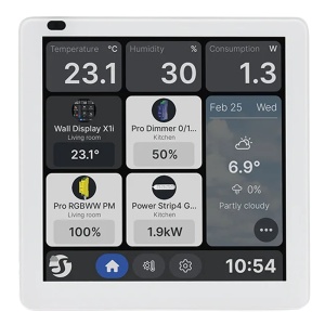 Shelly Wall Display X1i Prata - Ecrã tátil de 4" a 720 × 720 píxeis - Capacidade do relé interno: 1 canal de até 5A - Wi-Fi 6 / Bluetooth / Sensor de luz e de proximidade - Suporta CA 110-240V / Altifalante de 1 W - Compatível com a Alexa e o Google