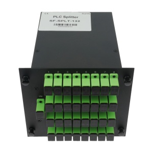 Splitter óptico PLC de alta precisión - Configuración 1x32 (1 entrada, 32 salidas) - Fibra monomodo G657A2 de alto rendimiento - Conectores SC APC de baja pérdida integrados - Formato en casete modular compacto y robusto - Superficie exterior protegida en