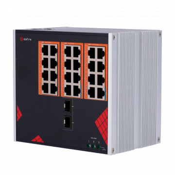 Switch Safire de Alimentação AC industrial 90~264V - 24 portas Gigabit + 2 SFPs Gigabit - 18 Portas PoE+ 30W + 6 Portas Hi-PoE 60W - PoE Watchdog - Até 390W Potência PoE total - Instalação em calha DIN