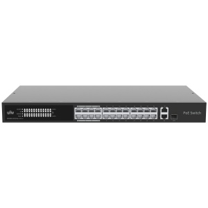 Uniview Switch Cloud Managed PoE L2 - 24 Portas PoE 10/100M + 2 Uplinks Gigabit - Uma porta RJ45 dedicada e uma porta combinada - Potência de 30W por porta / Máximo 250W - Transmissão de longo alcance até 250m - Cumprimento rigoroso da regulamentação NDAA