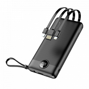 VEGER Powerbank mit LCD-Bildschirm – 10.000 mAh Kapazität – USB-C-Eingänge, USB-A-Kabel – USB-C USB-A-Ausgänge und integrierte Kabel – Integrierte USB-C-, Lightning- und MicroUSB-Kabel – Laden Sie 4 Geräte gleichzeitig