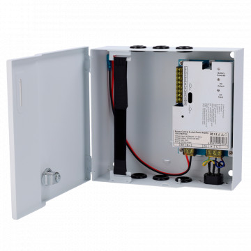 Alimentador a control de acceso - Configurable NA/NF - Salida CC 11-14V / 5A - Caja metálico con cerrar - Adecuado a batería asistente 12V / 7Ah - Asamblea na superficie