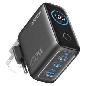 Anker - Carregador USB - Potência 100W | Com saída dupla - Carregamento rápido | Tecnologia GaN - Saídas 1x USB-A, 2x USB-C - Cor cinzenta | Cabo 1.5m incluído
