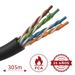 Bobina de cabo de rede Cat5e de 305 metros - Condutor CCA de alumínio revestido a cobre - Enchimento de gel Jelly resistente à humidade e à água - Revestimento exterior em polietileno (PE) resistente - Fio de corte integrado para facilitar o descarnamento