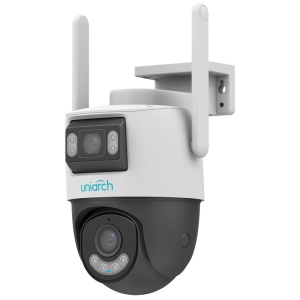 Câmara IP WiFi Uniarch | 5MP - Lente dupla 2.8 mm panorâmica e 4 mm PTZ - IV 30m | Luz branca 30 m | DWDR | MicroSD 512GB - UMD | Alarme anti-sabotagem | Deteção de áudio - WiFi | Microfone | Altifalante | IP66 -