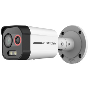 Câmara Térmica IP Dupla Hikvision Gama PRO - Sensor térmico 96x72 VOx | Lente 1.35 mm - Sensor óptico 1/1.8” 4 Mpx | Lente 4 mm - Sensibilidade térmica ≤ 55mK | ColorVu - Deteção e alarme preventivos de incêndios - Alarmes | IP66 | IK10 | Áudio e luz diss