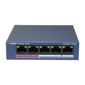 Desktop Switch da Hikvision - 4 Portas PoE + 1 Porta Uplink (RJ45) - Velocidade 10/100 Mbps - Até 35W no total para todas as portas - Compatível com PoE IEEE802.3af