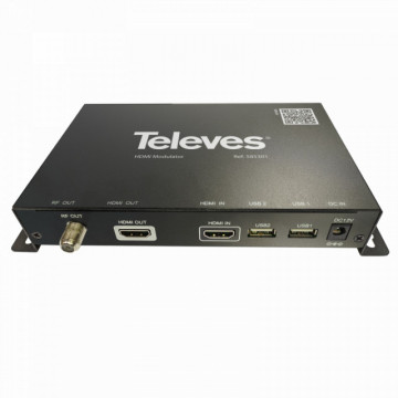DVB-T 1e-Modulator: HDMI – 1 Mux (174...230/470...862 MHz): CODFM (MPEG-4). Enthält 2xUSB, HDMI-Passthrough und Fernbedienung.