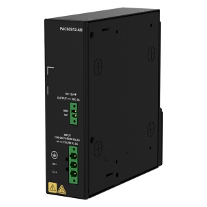 Fonte de alimentação industrial de 60 W. - Saída de corrente contínua regulada de 12 V. - Entrada universal de 100-240V AC e 100-250V DC. - Intervalo de temperatura alargado de -40°C a +70°C. - Dissipação térmica natural sem ventoinha. - Montagem segura e