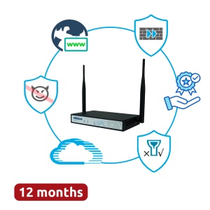 Hillstone Networks Bundle - Hardware + 12 meses de serviços completos - Conectividade Wi-Fi AC integrada - 1Gbps FW / 0.4Gbps NGFW Throughput - 5 portas 10/100/1000BASE-T + 1 portas 1GE SFP - Inclui IPS, AV, URL, QoS, IPR, C2 e Sandbox