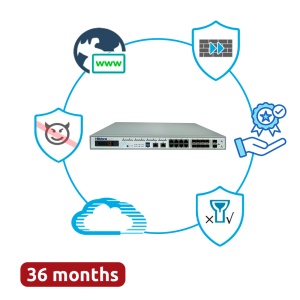 Hillstone Networks Bundle - Hardware + 36 meses de serviços completos - Portas 2xSFP+ (10G), 8xSFP e 8xGE - 16Gbps FW / 2.6Gbps NGFW Throughput - Fonte de alimentação redundante Dual AC - Inclui IPS, AV, URL, QoS, IPR, C2 e Sandbox
