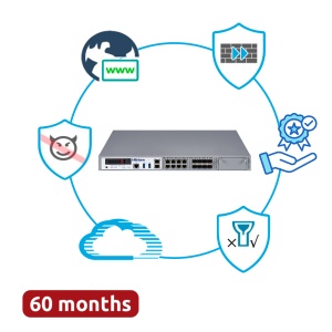Hillstone Networks Bundle - Hardware + 60 meses de serviços completos - Portas 8xSFP + 8xGE (inclui 2 pares de bypass) - 16Gbps FW / 5Gbps NGFW Throughput - Ranhura de expansão para módulos 10G/GE - Inclui IPS, AV, URL, QoS, IPR, C2 e Sandbox