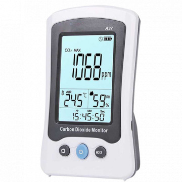 Metro de CO2, temperatura e humedad - Con alarma visual e sonido programable para el usuario - Registro de valor máximo / mínimo / promedio - Rango de medición de CO2 400~5000 PPM - Cálculo da promedio ponderado no tiempo - Alimento a batería
