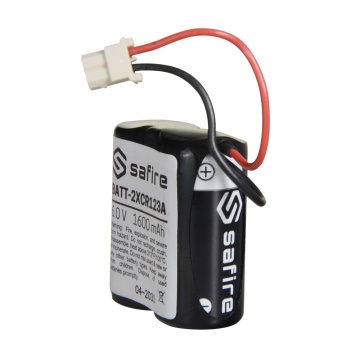 Pack 2x Pilhas CR123A / CR17345 / 5018LC - Safire - Lítio Li-MnO2 não recarregável - Tensão 6.0V / Retrátil Molex 5284 - Capacidade nominal 1600mAh - Compatível com Visonic Next Cam PG2 e K9 PG2