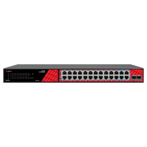 Safire Switch Hi-PoE - 24 portas + 2.5GE SFP Uplink + 2 Uplink RJ45 - Velocidade da porta Gigabit 10/100/1000 Mbps - 22 Portas PoE+ 30W + 2 Portas Hi-PoE 60W - PoE Watchdog - Até 300W Potência PoE total