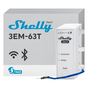 Shelly 3EM-63T Gen3 - WiFi 2.4 GHz / Bluetooth - Medidor de consumo - Suporta 110-230 V - Ideal para habitação - Compatível com Alexa e Google