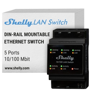 Shelly LAN Switch - Adicione 5 tomadas RJ45 ao seu quadro elétrico - Formato otimizado para montagem em calha DIN - Velocidades de transferência de 10/100 Mbps - Alimentação direta a 110-240V CA - Ligue dispositivos Shelly Pro
