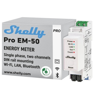 Shelly PRO EM - 50 - Medição de 2 canais / 2 x Pinça 50A incluída - Contator com saída de relé / Trilho DIN - WiFi 2.4GHz / Bluetooth / LAN - Suporta AC 110-240V / Medidor de consumo - Compatível com a Alexa e o Google