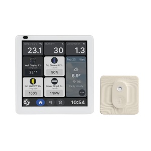 Shelly Wall Display X1i Negro + Shelly Blu H&amp;T - Pantalla táctil de 4" / Sensor Humedad y Temp - Capacidad del relé interno: 1 canal de hasta 5A - Wi-Fi 6 / Bluetooth / Sensor de luz, proximidad - Soporta AC 110-240V / Altavoz de 1 W - Compatible