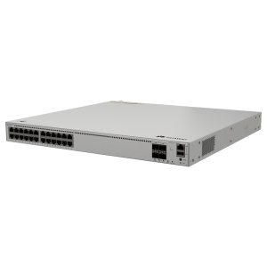 Switch PoE++ gerenciável L3 - 24 portas Gigabit PoE++ e 4 portas 10GE SFP+. - Orçamento PoE em grande escala até 2268 W. - Fontes de alimentação modulares, redundantes e removíveis. - Suporte iStack e redundância em anel ERPS. - Gestão avançada através da