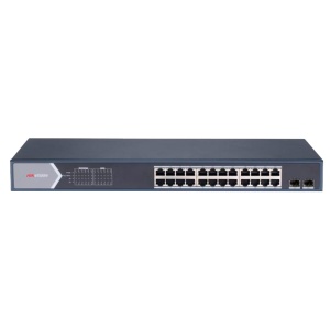 Switch PoE Hikvision - 24 puertos RJ45 GE + 2 puertos Gigabit SFP - 24 puertos PoE+ 802.3af/at - Potencia PoE total de hasta 370 W - PoE extendido / PoE Watchdog / Aislamiento de puertos - Instalación en rack/pared/escritorio