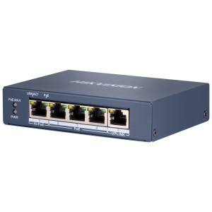 Switch PoE Hikvision - 4 RJ45 Gigabit + 1 uplink Gigabit RJ45 - 3 PoE+ 802.3af/at + 1 Hi-PoE 802.3af/at/bt - Até 60w Potência PoE total - PoE Extended / PoE Watchdog / Isolamento de portas - Instalação sobre mesa