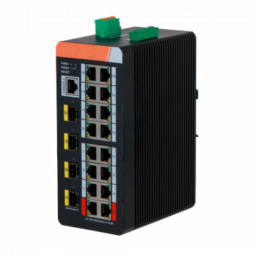 Switch Poe X -Security Carril Din - 16 Doors Poe RJ45 + 4 Doors SFP - Speed 10/100/1000 Mbps - 90W Doors 1-2 / 30W Ports 3-8 / Maximum 240W Ports [%VAR%] - Poe / Poe + / Hi -POE / Up to 250m / Poe Watchdog - VLAN/STP/RSTP/ERPS/LACP/STATICLAG/IGMP Snooing