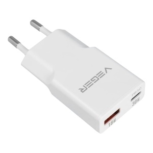 VEGER - Carregador USB QC3.0 / PD3.0 - Potencia 30W - Carregar dispositivos 2 de cada vez - Saídas USB-A, USB-C - Cor branco
