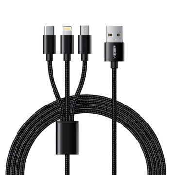 VEGER - USB 3 in 1 cable - USB -A for USB -C, Lightning and Micro -USB - Metallic Coating, Nylon braided - 1.5m Length - Black Color
