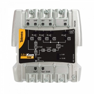 Amplificador MiniKom MATV 5e/1s "EasyF": FM-VHF-UHF-21..38-42..48 G 15-(24||34)-(26||36)-(24||34)-(25||35)dB Vs 113-114-116-116-116dBµV Alim.Pré-amp.12V-200mA (Passagem DC Comutável)
