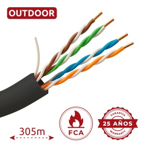 Cabo UTP Categoria 5E - Condutor CCA 24AWG - Bobine de 305 metros - Revestimento cor negra - Diâmetro 5.5 mm - Revestimento especial para exterior