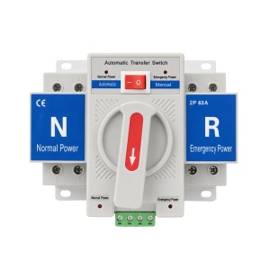 Comutador automático - Corrente nominal 63A - 2 pólos (instalações monofásicas) - Alterna entre 2 fontes de energia - Para calha DIN - Em conformidade com a norma lEC/EN 60947-6-1