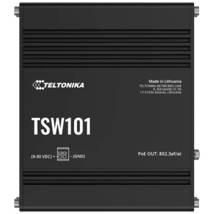 Conmutador PoE industrial no administrado Teltonika - 5 puertos Gigabit Ethernet RJ45 - 4 puertos Ethernet PoE+ 802.3af/at - Hasta 30 W por puerto PoE - Hasta 60 W de potencia PoE total - Carcasa de aluminio resistente