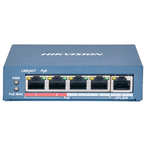 Desktop Switch da Hikvision - 4 Portas PoE + 1 Porta Uplink (RJ45) - Velocidade 10/100 Mbps - Até 65W no total para todas as portas - Compatível com PoE IEEE802.3af/at