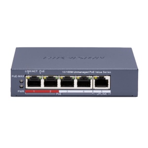 Desktop Switch da Hikvision - 4 portas PoE 10/100 Mbps e 1 FE de uplink - Orçamento total do PoE 45W (Máx.. 30W/puerto) - Transmissão de longo alcance (Extend) para 300m - Design metálico sem ventoinha (Fanless) - Instalação versátil em secretária ou na p