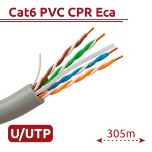 Hikvision cabo UTP categoria 6 - Condutor OFC, 99,5% cobre - Diâmetro 24 AWG-0,53mm - Certificado Eca/UL CM - Fornecido numa caixa de cartão de 305m. - Cobertura de cor branca