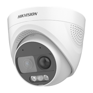 Hikvision câmara Turret TVI - Resolução 2 MP (1920x1080) MP [%VAR%] - Lente 2.8 mm | Deteção de movimento - PIR | ColourVu: Imagem a cores 24 horas - Alcance da luz branca 20 m | Alarme luminoso - IP67 | Microfone integrado