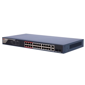 Hikvision Switch PoE Gerível - 24 Portas PoE 802.3af/at + 2 Combos Gigabit - Velocidade 10/100 Mbps e Uplinks Gigabit - Potência de 30W por porta / Máximo 370W - Transmissão de longo alcance até 300m - PoE Watchdog para reinicialização automática das câma
