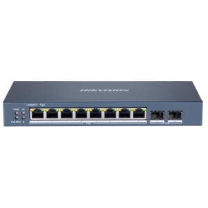 Hikvision Switch PoE Gerível - 8 Portas PoE 802.3af/at + 2 Uplinks SFP - Velocidade Gigabit 10/100/1000 Mbps por porta - Potência de 30W por porta / Máximo 110W - Transmissão de longo alcance até 300m - PoE Watchdog para reinicialização automática das câm