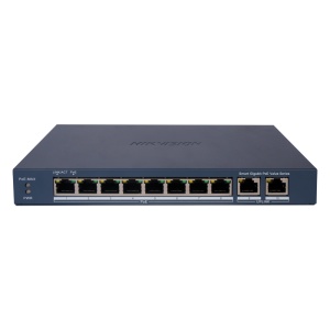 Hikvision Switch PoE Gerível - 8 Portas PoE 802.3af/at + 2 Uplinks - Velocidade Gigabit 10/100/1000 Mbps por porta - Potência de 30W por porta / Máximo 60W - Transmissão de longo alcance até 300m - PoE Watchdog para reinicialização automática das câmaras