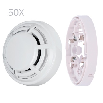 Kit 50 Détecteurs optiques et bases DMTech - Détecteur optique incendie conventionnel - EN54 PARTIE 7 - Double alarme LED pour votre vue de n'importe où - en matériau ABS avec résistance à la chaleur - base de profil bas