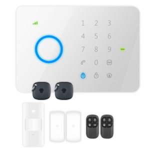 Kit d'alarme domestique - Panneau tactile avec module GSM - Expédition de SMS et appel - Détecteur PIR volumétrique - 2 contacts magnétiques Porte / fenêtre - Comprend 2 commandes et 2 cartes RFID