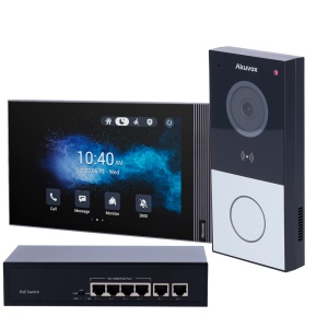 Kit de entrada de vídeo de superficie con puerto Linux - IP y WiFi | Placa y monitor - Audio bidireccional nítido - Lector MF, NFC y BLE | Estándar PoE - 1 salida de relé - Conexión a la nube