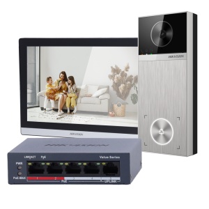 Kit de videoporteiro 4 Mpx - Tecnologia IP e WiFi | Switch PoE - Placa e monitor | Permite 16 monitores mais - Bluetooth | PoE - Aplicação móvel com P2P | Relés internos no monitor - Montagem à superfície | IP65